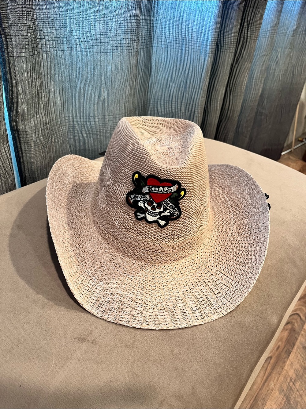 Ed Hardy Beige Cowboy Hat with Skull & Heart Embroidered Patch